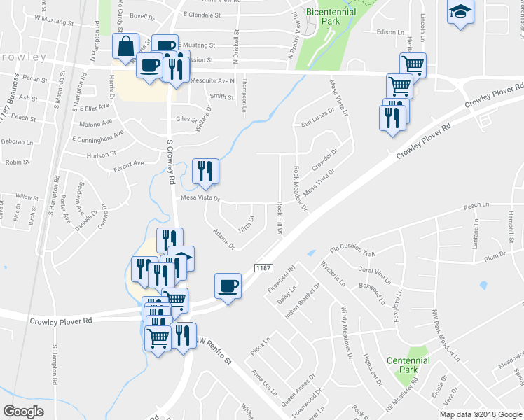 map of restaurants, bars, coffee shops, grocery stores, and more near 229 Adams Drive in Crowley