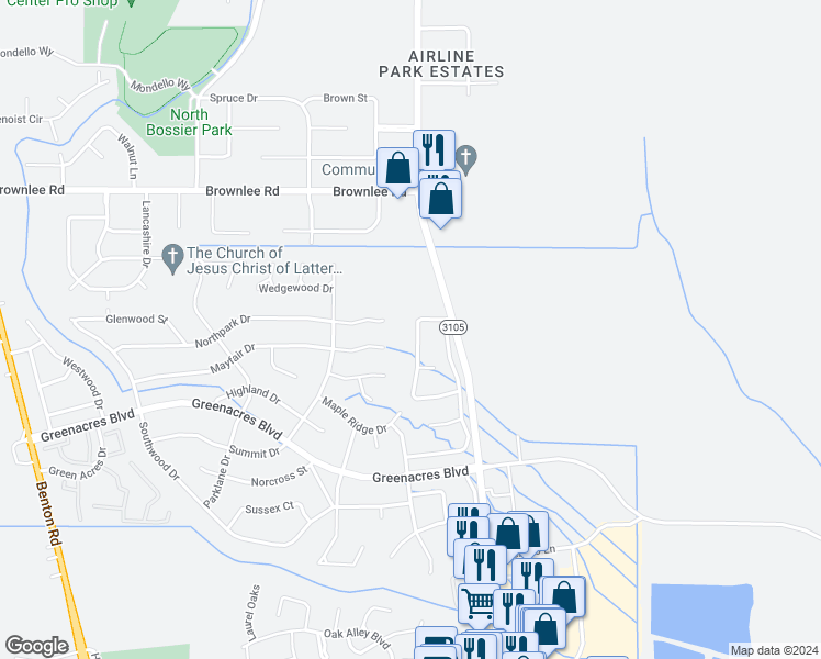 map of restaurants, bars, coffee shops, grocery stores, and more near 138 Downing Court in Bossier City