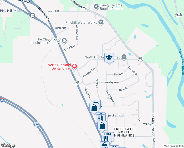 map of restaurants, bars, coffee shops, grocery stores, and more near 925 Candler Avenue in Shreveport