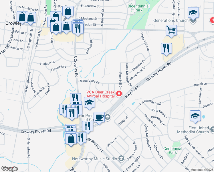 map of restaurants, bars, coffee shops, grocery stores, and more near 165 Hirth Drive in Crowley