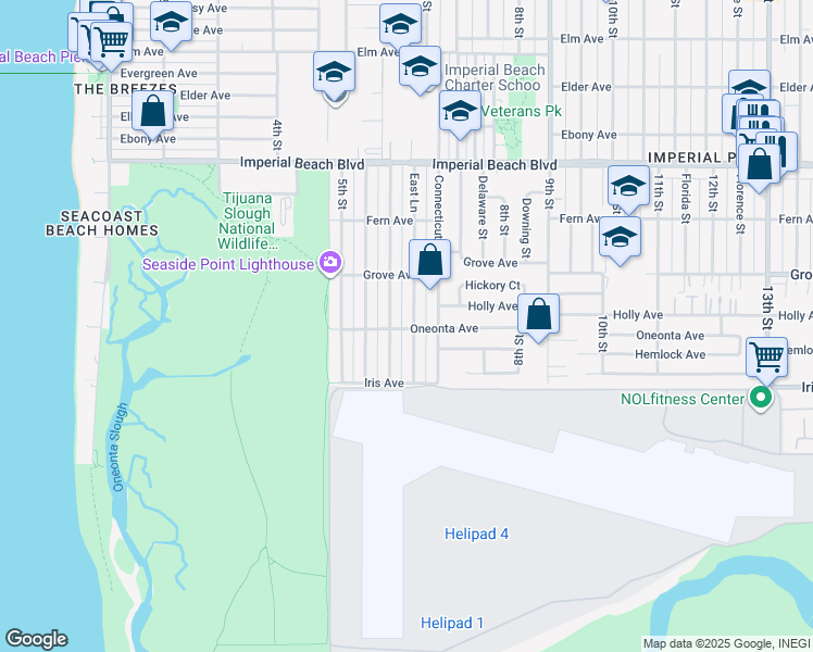 map of restaurants, bars, coffee shops, grocery stores, and more near 1390 East Lane in Imperial Beach
