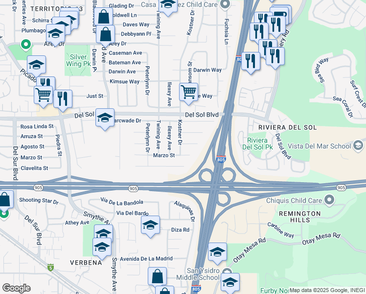 map of restaurants, bars, coffee shops, grocery stores, and more near 4249 Layla Way in San Diego