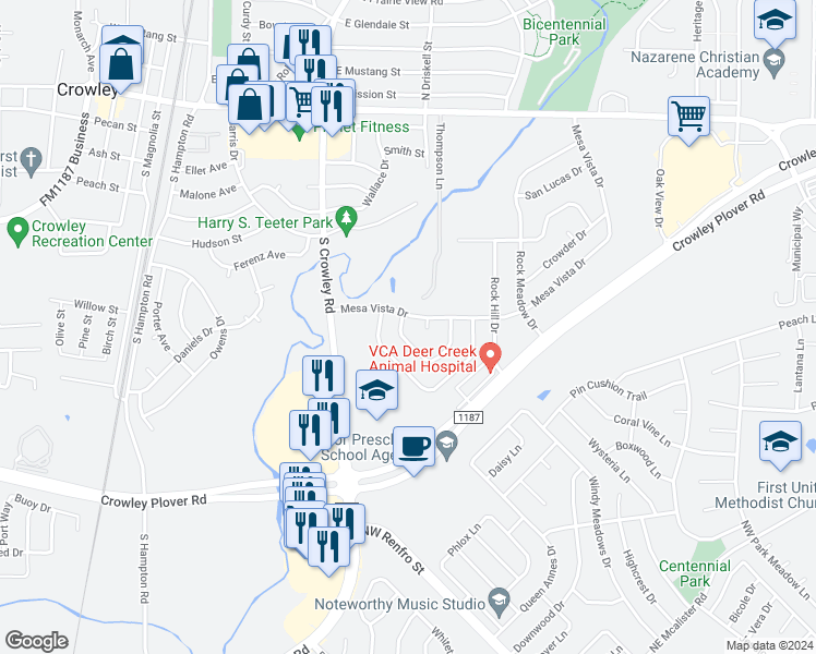 map of restaurants, bars, coffee shops, grocery stores, and more near 105 Hirth Drive in Crowley