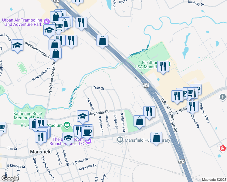 map of restaurants, bars, coffee shops, grocery stores, and more near 221 North Wisteria Street in Mansfield