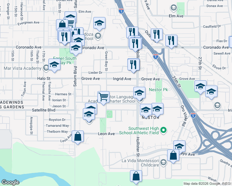 map of restaurants, bars, coffee shops, grocery stores, and more near 2151 Judith Avenue in San Diego