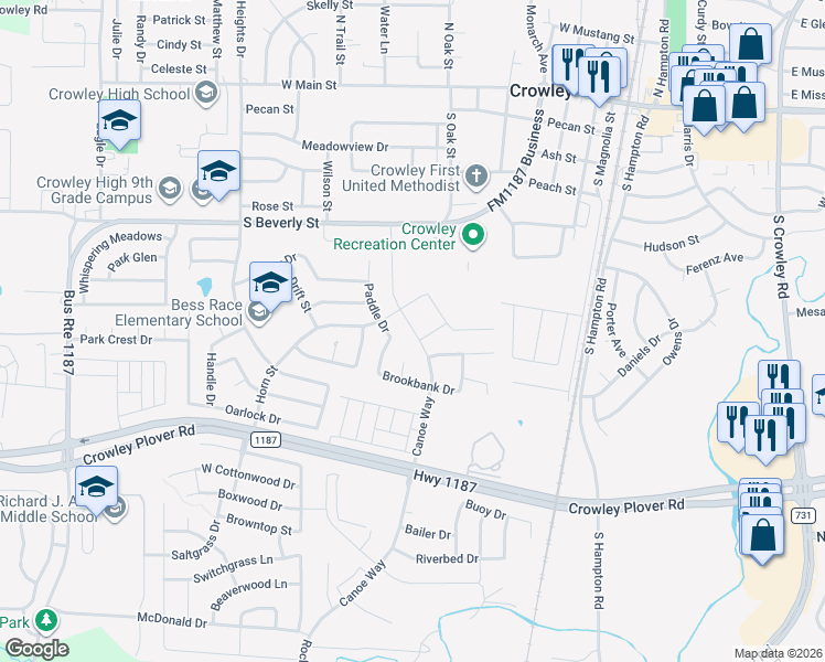 map of restaurants, bars, coffee shops, grocery stores, and more near 525 Canoe Way in Crowley