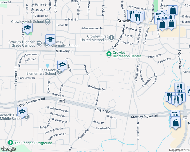 map of restaurants, bars, coffee shops, grocery stores, and more near 516 Paddle Drive in Crowley