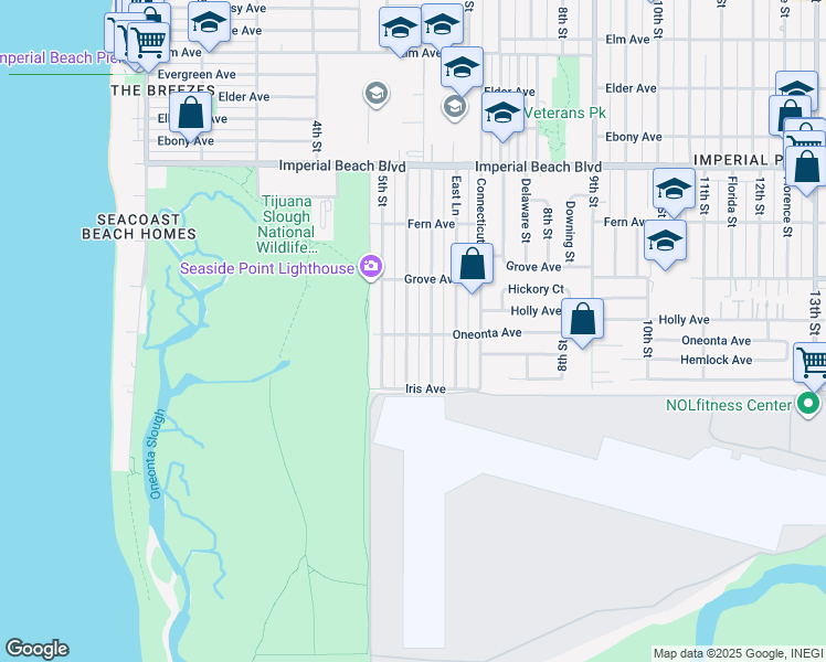 map of restaurants, bars, coffee shops, grocery stores, and more near 1391 California Street in Imperial Beach