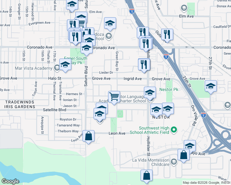 map of restaurants, bars, coffee shops, grocery stores, and more near 1406 Green Bay Street in San Diego