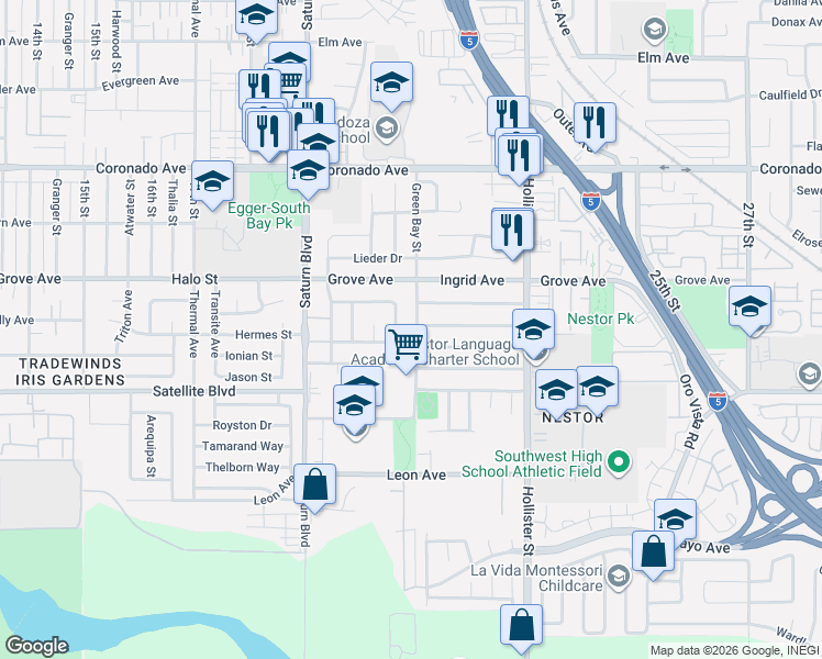 map of restaurants, bars, coffee shops, grocery stores, and more near 1412 Green Bay Street in San Diego