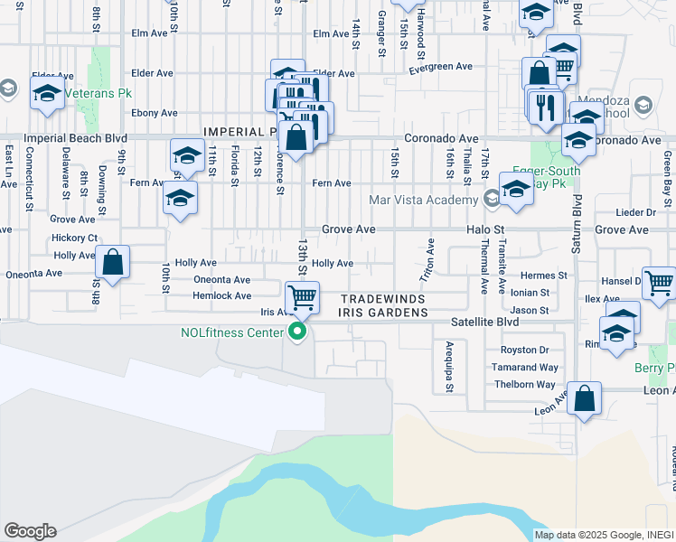 map of restaurants, bars, coffee shops, grocery stores, and more near 1431 14th Street in Imperial Beach