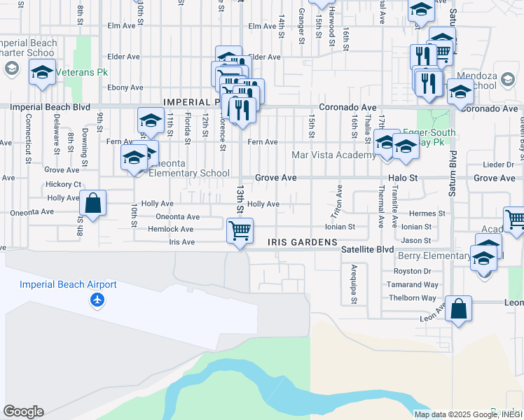 map of restaurants, bars, coffee shops, grocery stores, and more near 1351 Holly Avenue in Imperial Beach
