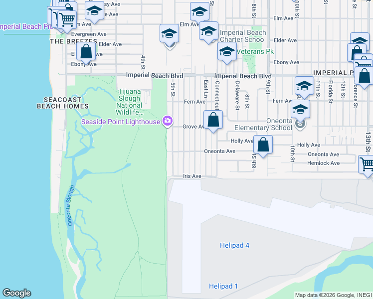 map of restaurants, bars, coffee shops, grocery stores, and more near 1401 California Street in Imperial Beach