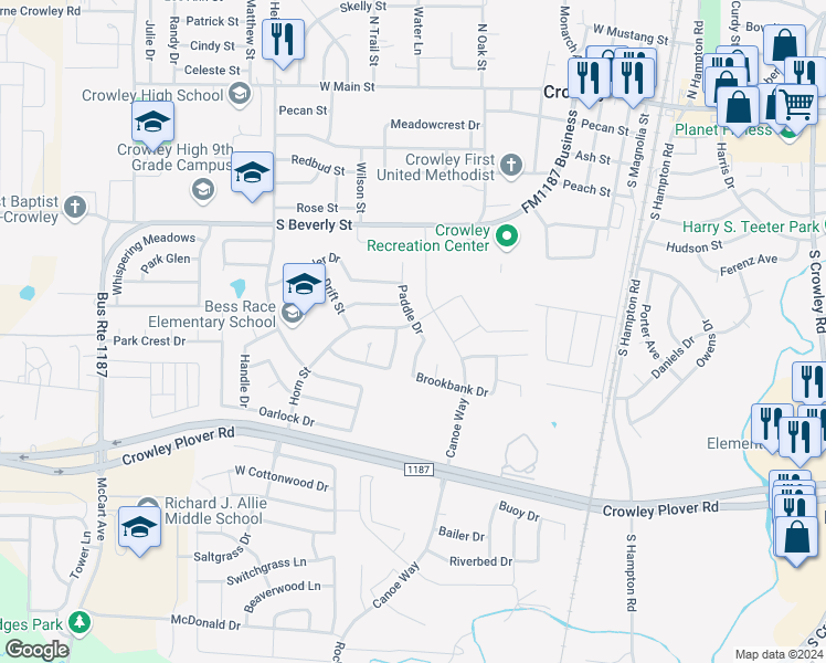map of restaurants, bars, coffee shops, grocery stores, and more near 508 Horn Street in Crowley