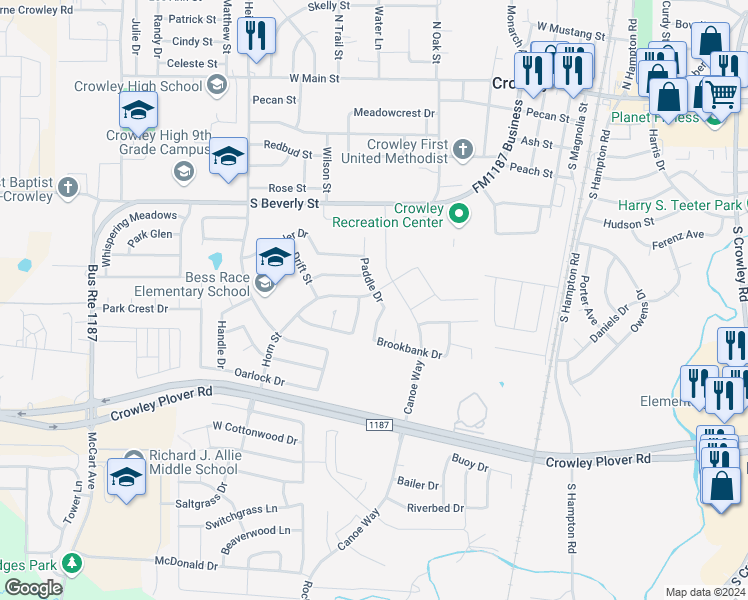 map of restaurants, bars, coffee shops, grocery stores, and more near 512 Horn Street in Crowley