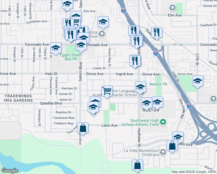 map of restaurants, bars, coffee shops, grocery stores, and more near 1412 Green Bay Street in San Diego