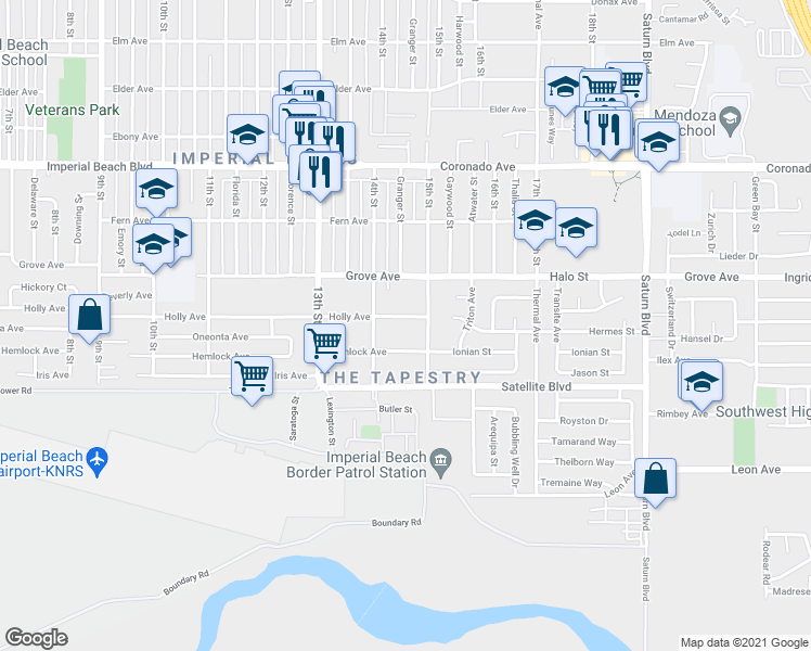 map of restaurants, bars, coffee shops, grocery stores, and more near 1473 Holly Avenue in Imperial Beach
