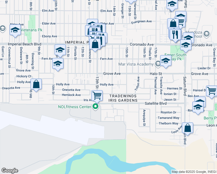 map of restaurants, bars, coffee shops, grocery stores, and more near 1431 14th Street in Imperial Beach