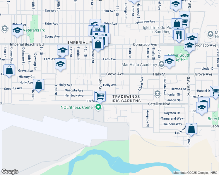 map of restaurants, bars, coffee shops, grocery stores, and more near 1331 Holly Avenue in Imperial Beach