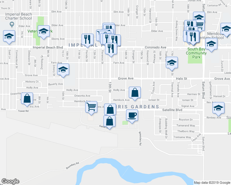 map of restaurants, bars, coffee shops, grocery stores, and more near 1331 Holly Avenue in Imperial Beach