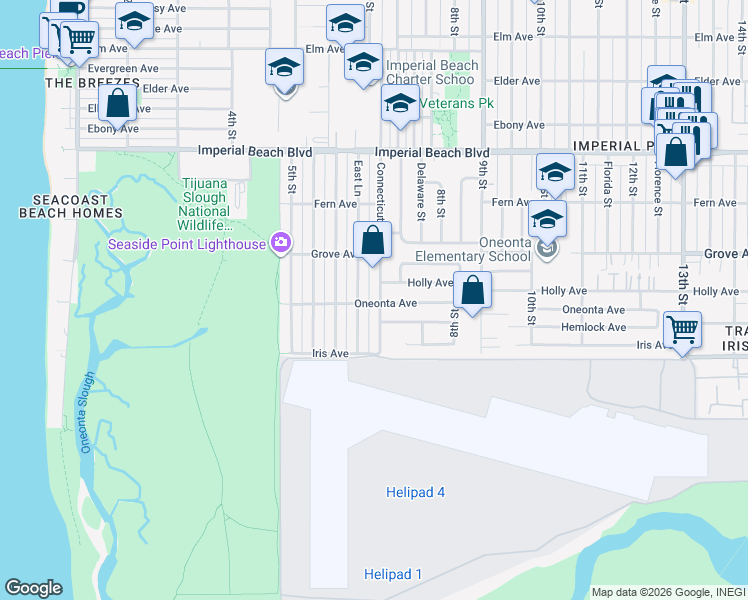 map of restaurants, bars, coffee shops, grocery stores, and more near 701 Oneonta Avenue in Imperial Beach