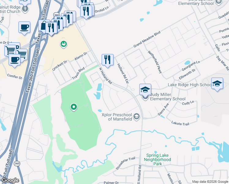 map of restaurants, bars, coffee shops, grocery stores, and more near 409 Lismore Drive in Mansfield