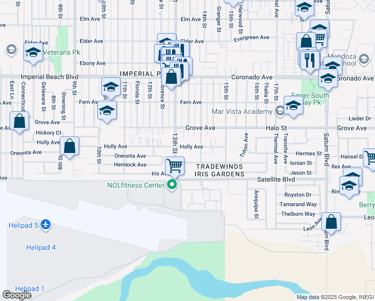 map of restaurants, bars, coffee shops, grocery stores, and more near 1343 Holly Avenue in Imperial Beach