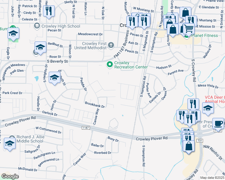 map of restaurants, bars, coffee shops, grocery stores, and more near 509 Scuttle Drive in Crowley