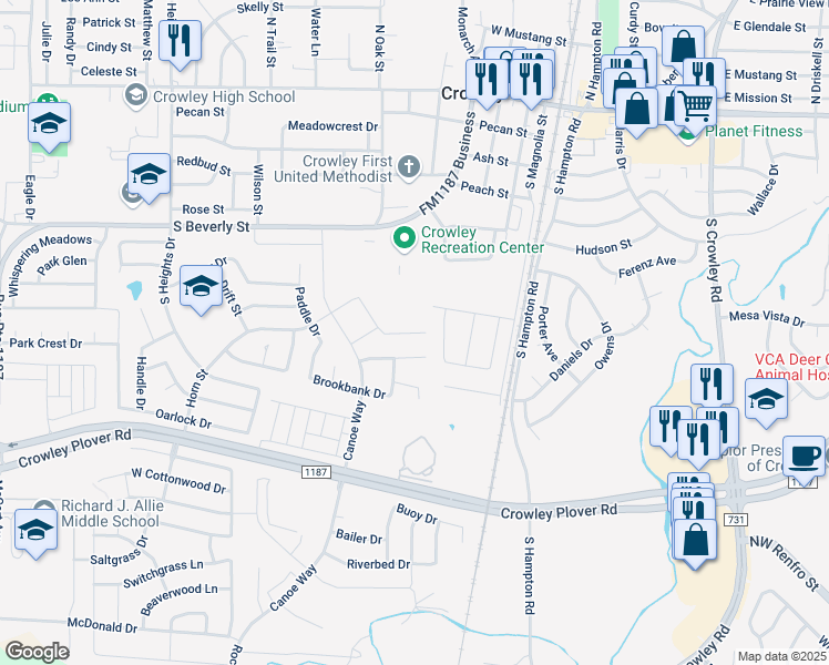 map of restaurants, bars, coffee shops, grocery stores, and more near 513 Scuttle Drive in Crowley