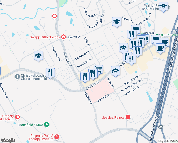 map of restaurants, bars, coffee shops, grocery stores, and more near 604 Coble Ridge Court in Mansfield