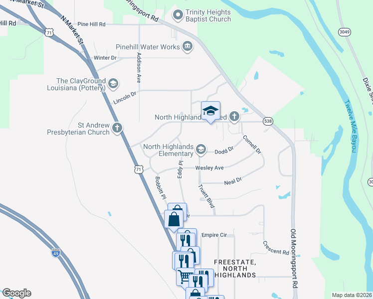 map of restaurants, bars, coffee shops, grocery stores, and more near 3812 Eddy Place in Shreveport