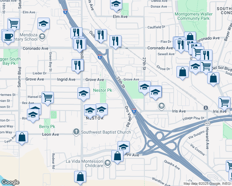 map of restaurants, bars, coffee shops, grocery stores, and more near 1380 Oro Vista Road in San Diego