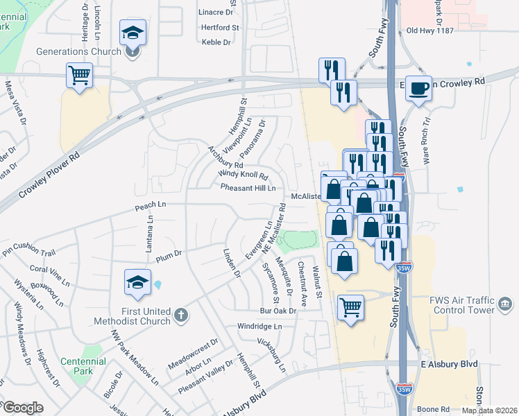 map of restaurants, bars, coffee shops, grocery stores, and more near 931 Peach Lane in Burleson