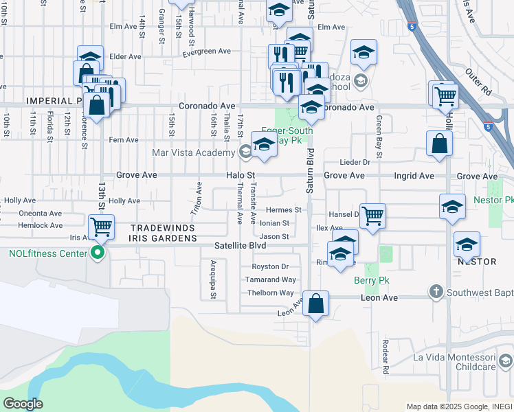 map of restaurants, bars, coffee shops, grocery stores, and more near 1736 Hermes Street in San Diego