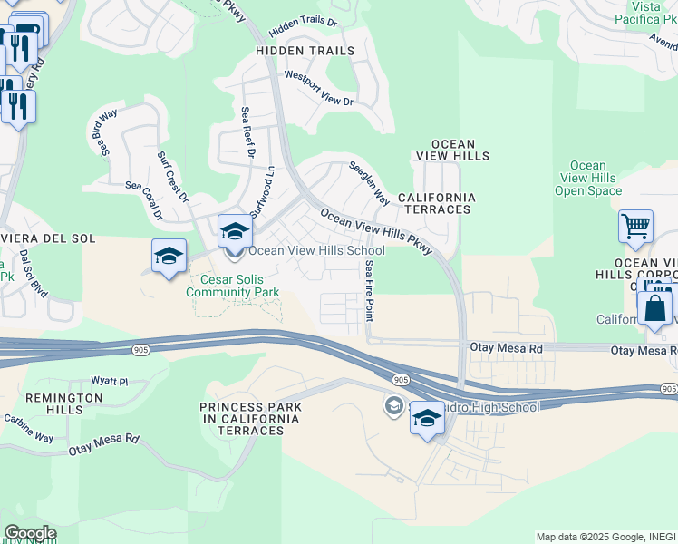 map of restaurants, bars, coffee shops, grocery stores, and more near 5360 Calle Rockfish in San Diego