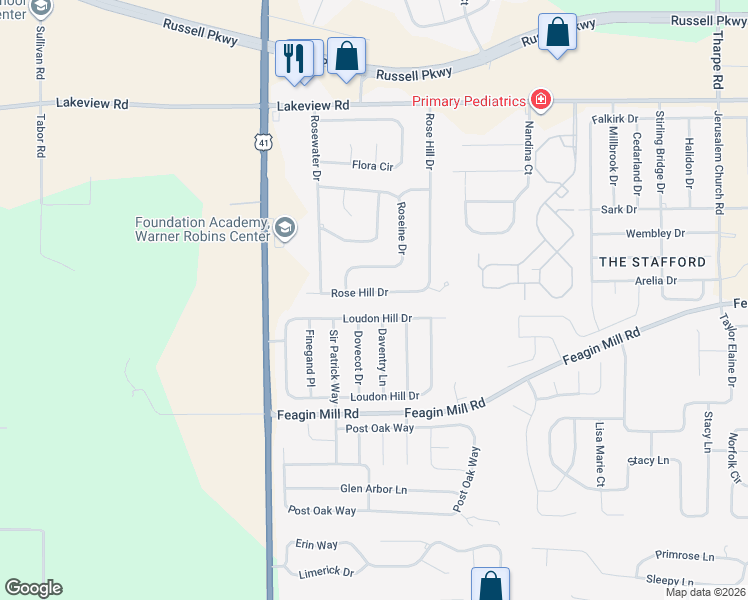 map of restaurants, bars, coffee shops, grocery stores, and more near 313 Rose Hill Drive in Warner Robins