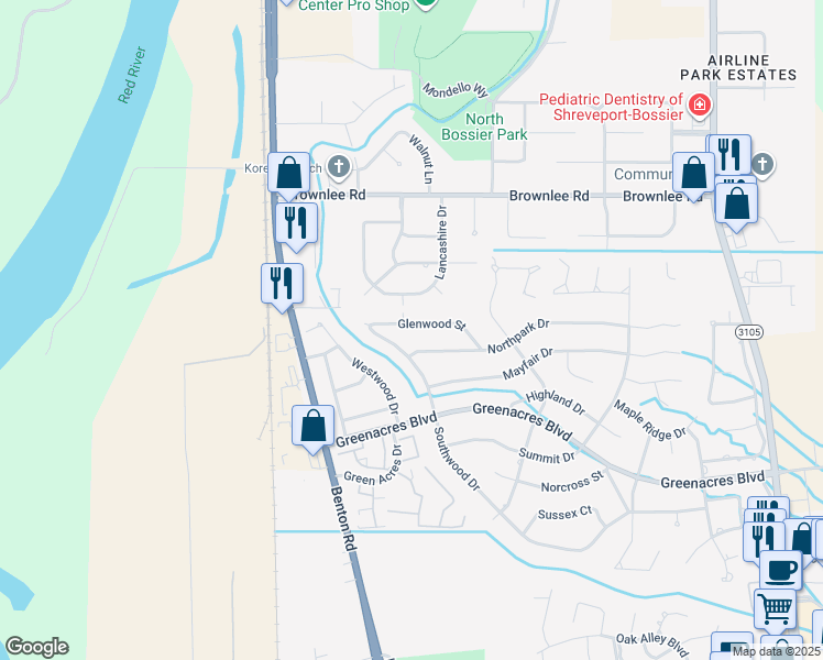 map of restaurants, bars, coffee shops, grocery stores, and more near 518 Glenwood Street in Bossier City
