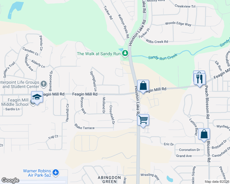 map of restaurants, bars, coffee shops, grocery stores, and more near 1017 Feagin Mill Road in Warner Robins