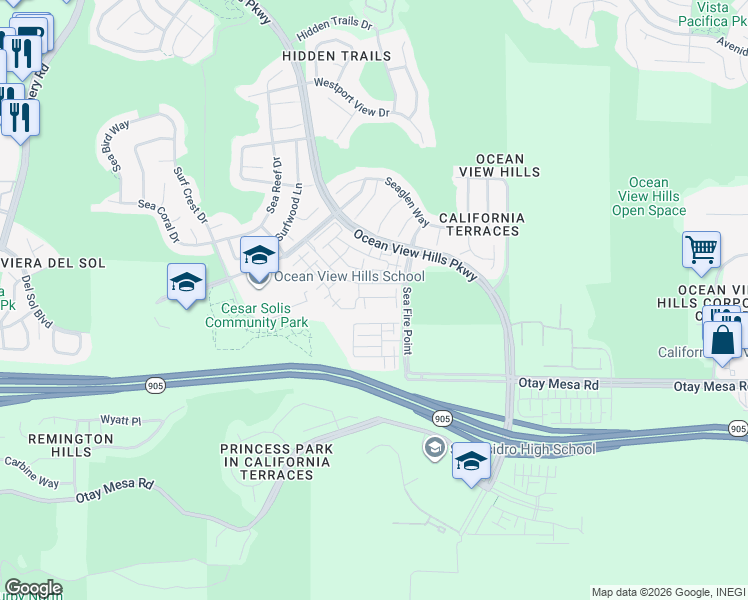 map of restaurants, bars, coffee shops, grocery stores, and more near 5241 Calle Rockfish in San Diego