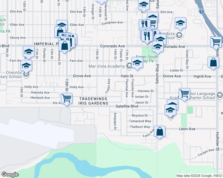 map of restaurants, bars, coffee shops, grocery stores, and more near 1578 Hermes Street in San Diego