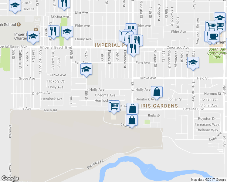 map of restaurants, bars, coffee shops, grocery stores, and more near 1129 Holly Avenue in Imperial Beach