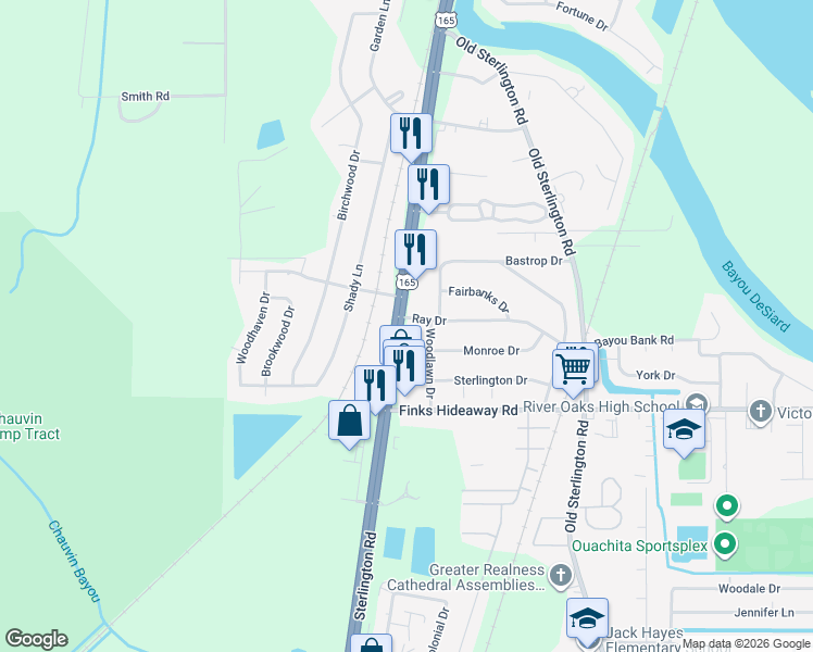 map of restaurants, bars, coffee shops, grocery stores, and more near 4280 Sterlington Road in Monroe