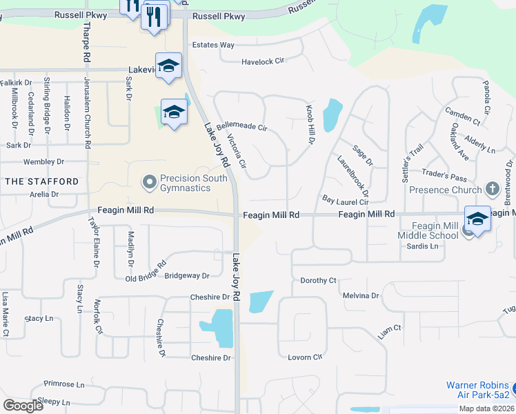 map of restaurants, bars, coffee shops, grocery stores, and more near 107 Ellice Court in Warner Robins