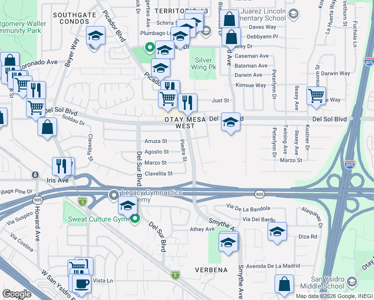 map of restaurants, bars, coffee shops, grocery stores, and more near 1411 Piedra Street in San Diego
