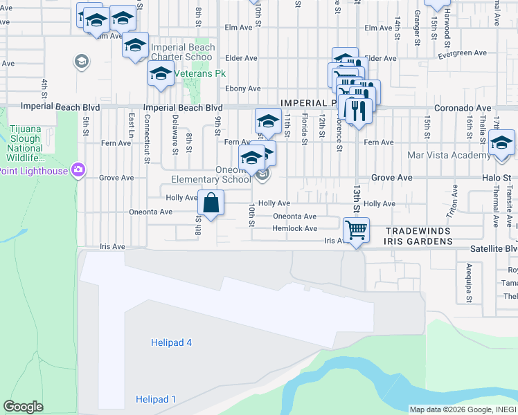 map of restaurants, bars, coffee shops, grocery stores, and more near 1412 10th Street in Imperial Beach