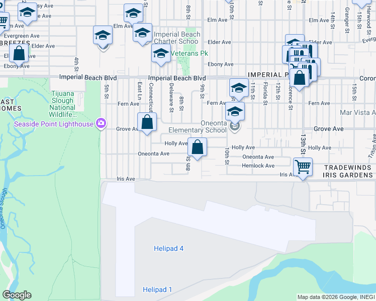 map of restaurants, bars, coffee shops, grocery stores, and more near 837 Oneonta Avenue in Imperial Beach
