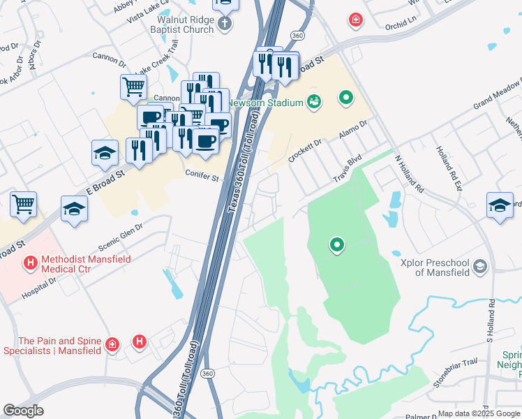 map of restaurants, bars, coffee shops, grocery stores, and more near 400 North State Highway 360 in Mansfield