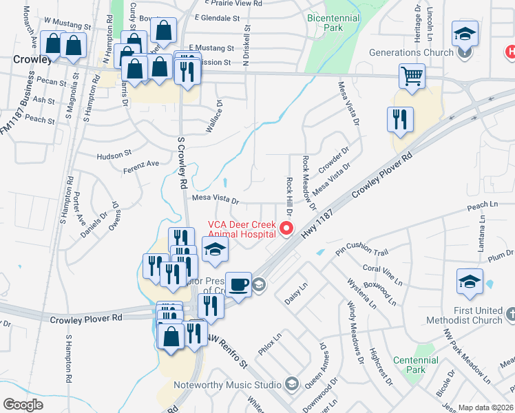 map of restaurants, bars, coffee shops, grocery stores, and more near 165 Hirth Drive in Crowley