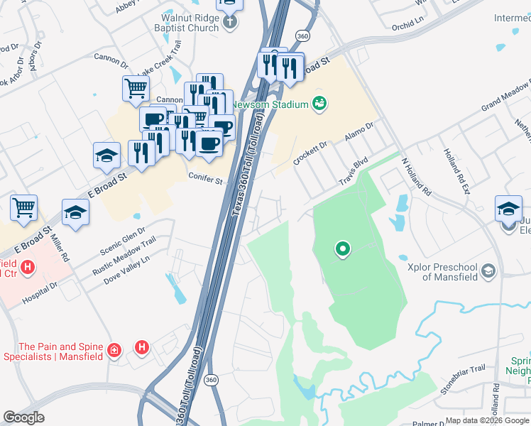 map of restaurants, bars, coffee shops, grocery stores, and more near 400 North State Highway 360 in Mansfield