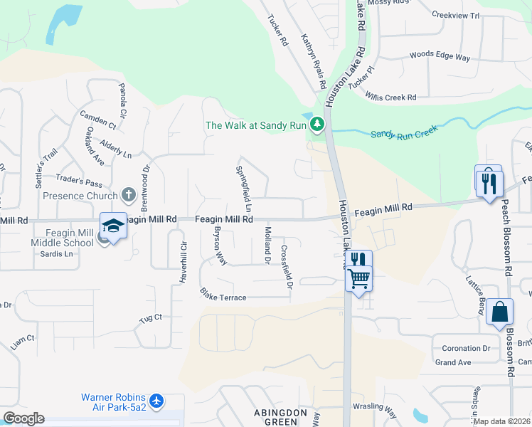 map of restaurants, bars, coffee shops, grocery stores, and more near 1027 Feagin Mill Road in Warner Robins